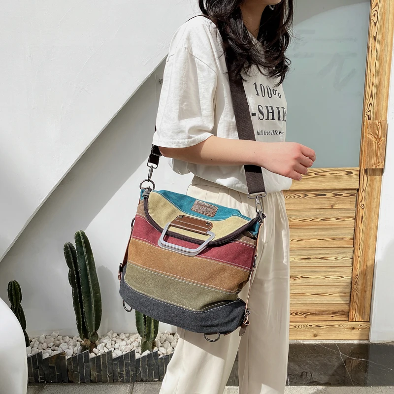 Manjianghong Canvas Striped Women Handbag Patchwork Rainbow Shoulder Bag Fashion Female Multi Functional Bag Sac a Main Backpack