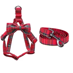 Cotton Red Plaid Christmas Dog Harness with Bowtie and Basic Dog Leash Adjustable Buckle Pet Supplies