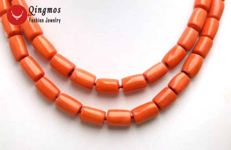 Qingmos 2 Strands Thick Slice Natural Orange Coral Necklace for Women with Genuine 10-12mm Coral Chokers Necklace 19