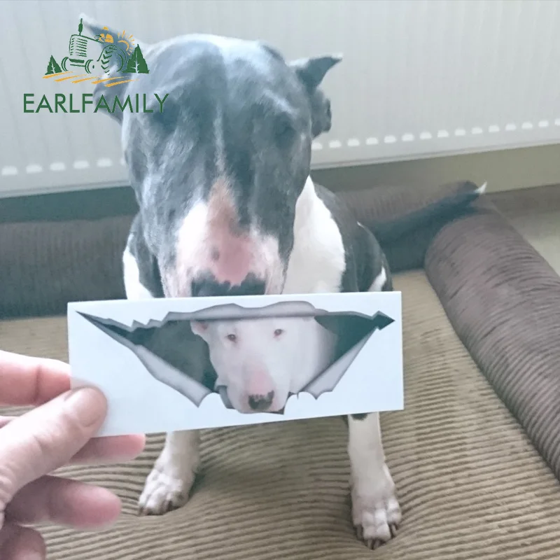 EARLFAMILY 13cm x 4.9cm White Bull Terrier Car Sticker Torn Metal Decal Reflective Stickers Waterproof Car Styling Pet Dog Decal