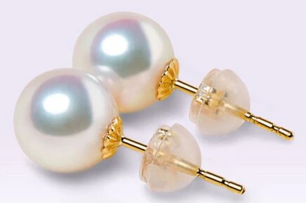 AAA 9-10mm Akoya white pearl earrings yellow 18K gold stud