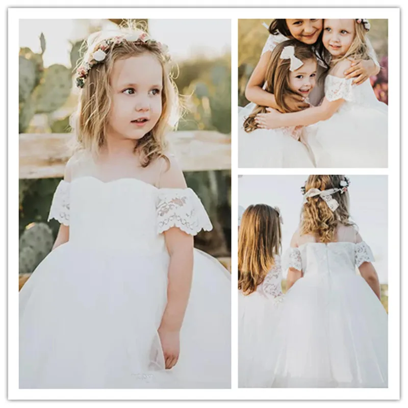 

Pretty Lace Tulle Flower Girls Dresses Off The Shoulder Ball Gowns Holy First Communion Dresses Country Wedding Party Girl Dress