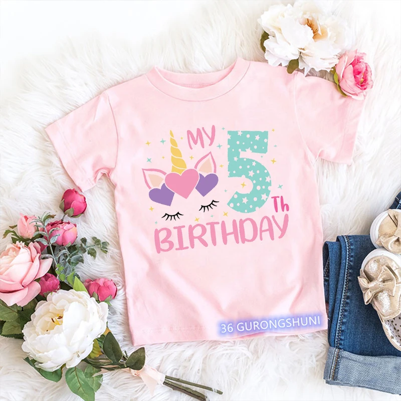 My 2-9th Birthday Numuber T-Shirt Kawaii Unicorn Eyelashes Love Cartoon Kids Clothes Girls T Shirt Short Sleeve T-Shirts