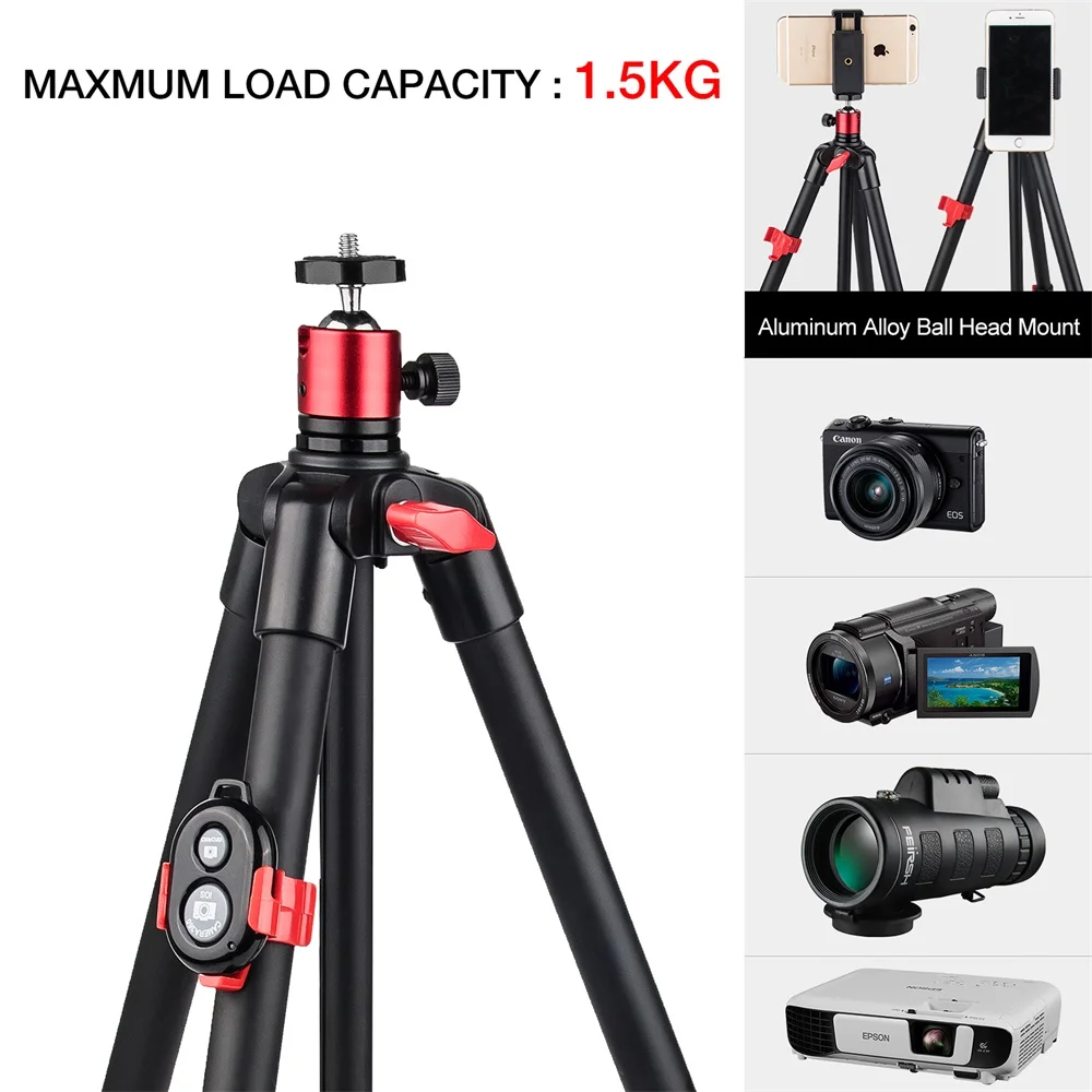 Camera Tripod 55in Travel Portable Cell Phone Tripod for iPhone HUAWEI Xiaomi Galaxy with Mobile Phone Holder Wireless Bluetooth