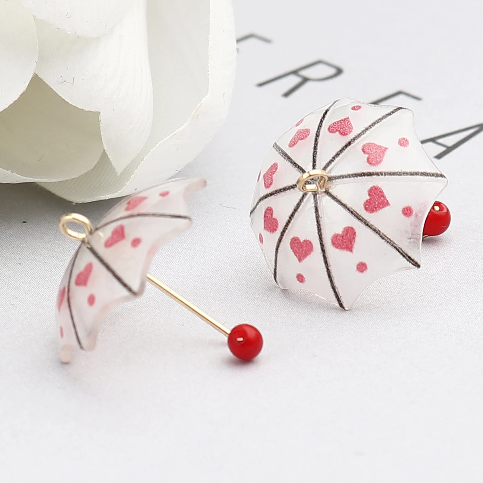 5 PCs Resin Umbrella Heart Charms Zinc Based Alloy Gold Color Hot Pink Imitation Pearl 20mm x 18mm For DIY Jewelry Making