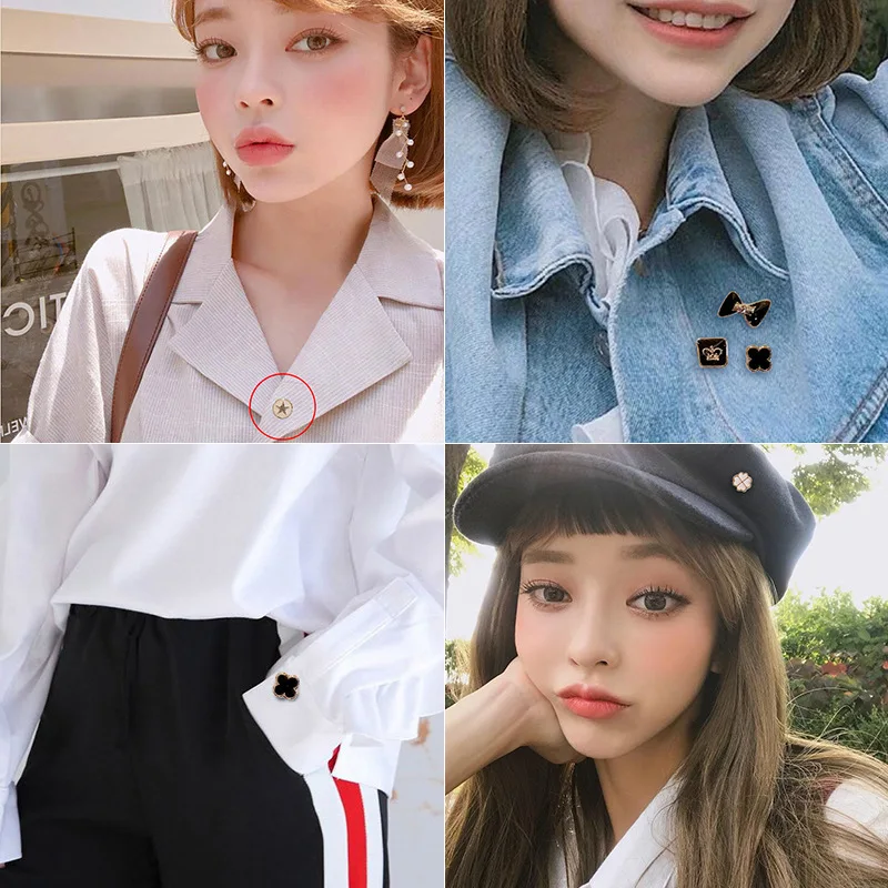 5/10Pcs/Pack Cute Mini Enamel Pins Pearl Neckline Collar Lapel Pin Buckle Rhinestone Fixed Invisible Brooches Jewelry Sets