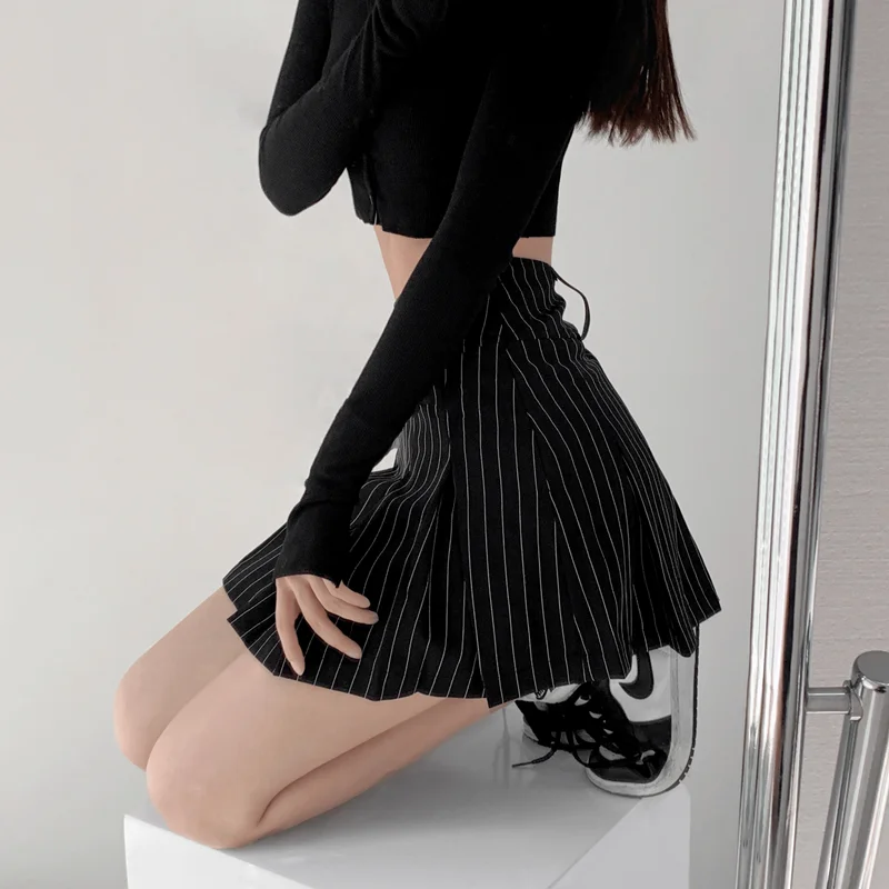 

WOMENGAGA Women High Rise Pleated Striped Mini Skirt England Style Mini Skirt With Belt Loops korean women hot sexy 3HML