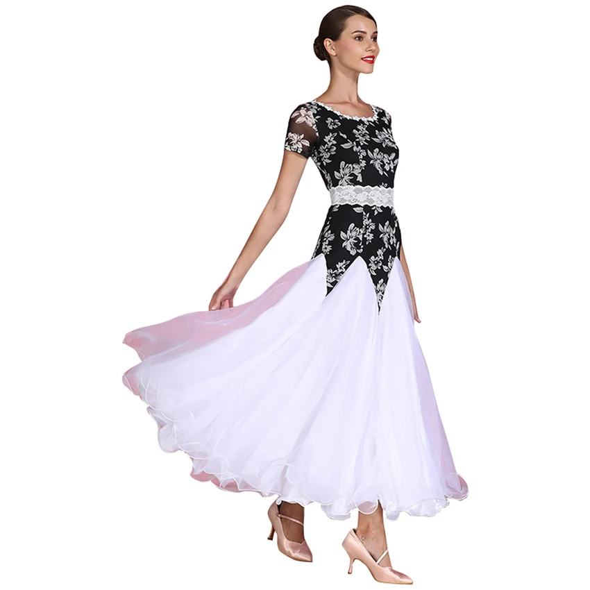 

Flower short-sleeve Ballroom Dance Dress Practice Clothes Modern dance one piece group clothes Flamenco rumba Samba waltz dress