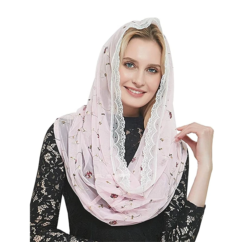 Women Round Head Covering with Embroidered Flowers Catholic Chapel Mantilla Veils Pink Red Navy Floral Spanish Lace Clip