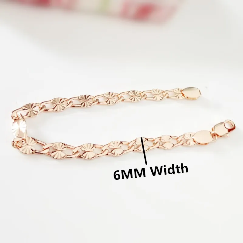 Luxury New  Flower Engraved 6 MM Wide Link Chain Bracelet Designs for Women Elegant 585 Gold Color Jewelry