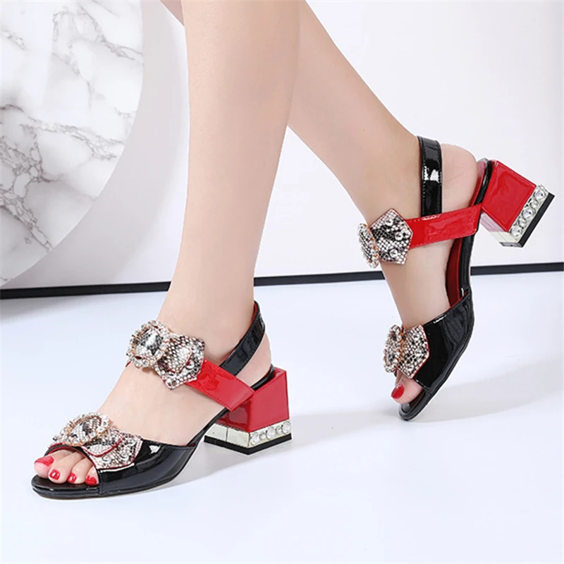 Jeweled Serpentine Butterfly-knot Sandals Women Square Heel Open Toes Crystal High Heels Rhinestone Summer Shoes Woman