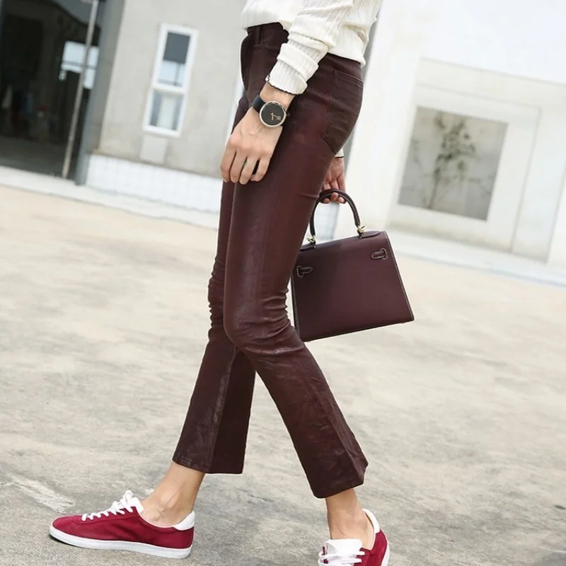 Ladies Office Slim Fit Luxury Sheepskin Real Leather Boot Cut Flare Pants Womens Sexy Stretchy Skinny Push Up Trousers Red Pants