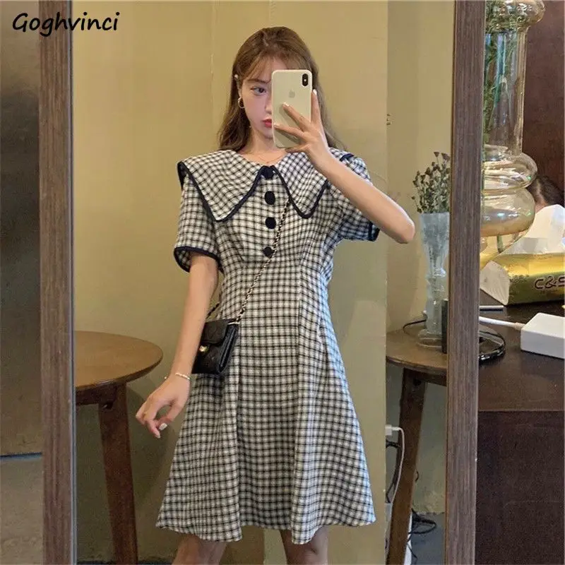 Dress Women Student Vintage Plaid Sailor Collar Lovely Sweet Teen Korean Abdomen A-line Knee-length Clothing Lantern Sleeve Chic