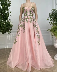 Pink Moroccan Evening Dresses A-line Spaghetti Straps Tulle Appliques Long Luxury Turkey Dubai Saudi Arabia Prom Dress Gown