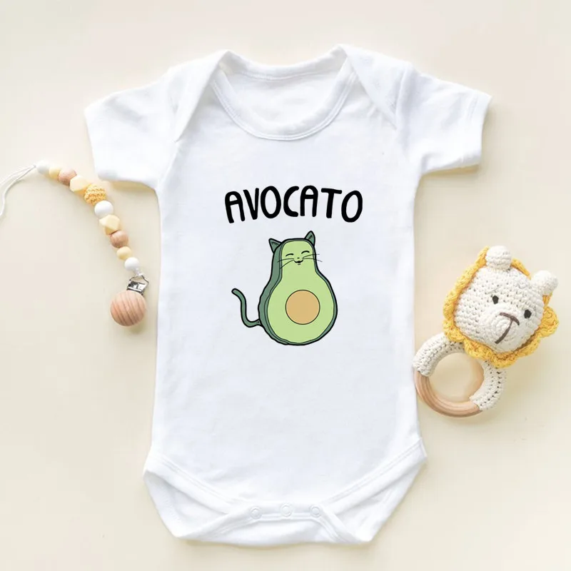 Cute Avocado Cat Vegan Funny Fruit Print Romper Infant Newborn Bodysuits Cotton Baby Jumpsuit Outfits Onesies Boys Girls Clothes