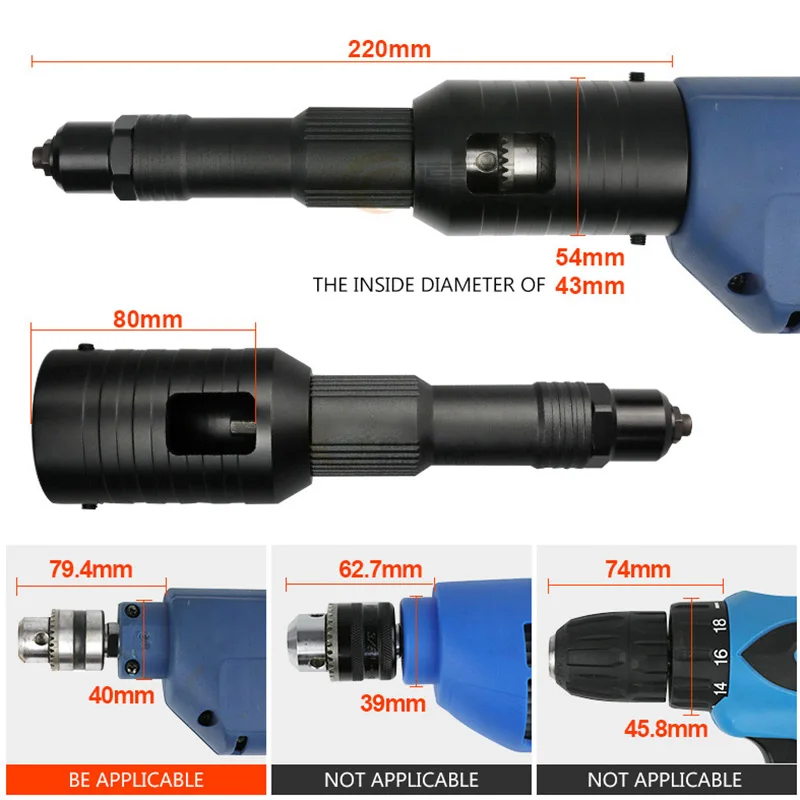 Kepala Konversi Pistol Paku Keling Listrik Bor Paku Keling Pistol Inti Menarik Mesin Memukau 2.4-4.8Mm Mesin Bor Paku Keling