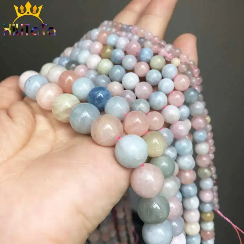 Natural Genuine Colorful Morganite Stone Beads Round Loose Beads For Jewelry Making DIY Bracelet Accessories 15\'\' 4/6/8/10/12mm