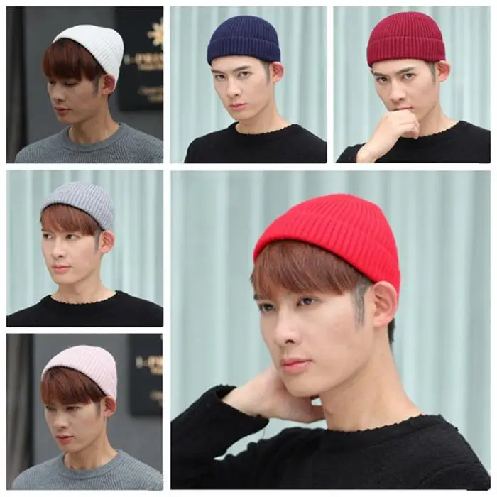 Unisex Winter Warm Men\'s knitted Skullcap Casual Cuff Brimless Hip Hop Hat Short Melon Ribbed Ski Fisherman Docker Beanie Hats