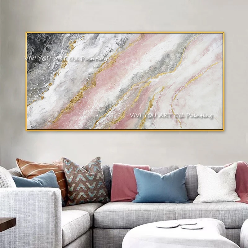 Gilded Marble‑Effect Statement Piece, Thick Impasto Pastel Color Streaks, Hand‑Painted Horizontal Art For Sophisticated Interior