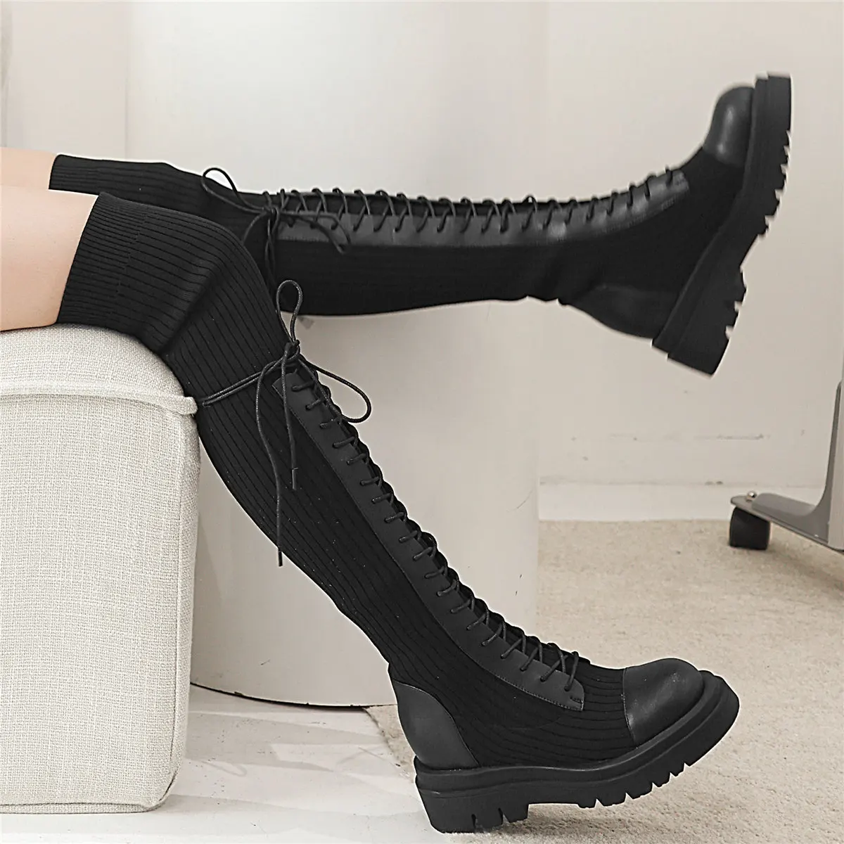 Platform Pumps Women Lace Up Genuine Leather Over The Knee High Motorcycle Boots Female Knitting Thigh High Fashion Sneakers