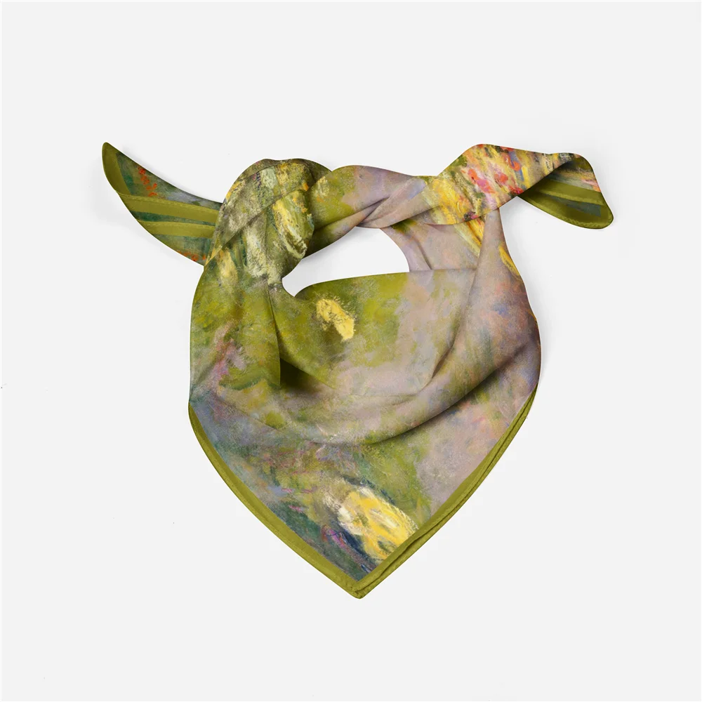 Twill Silk Scarf Woman Flowers Painting Square Scarves Wraps Bandana Small Hijab Silk Foulards Tie Headband Neckerchief 53CM