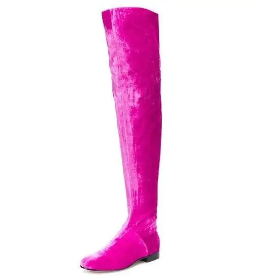 Blue Purple Chocolate Black Pink Solid Velvet Round Toe Over The Knee Flat Casual Boots Woman Classic Slim Thigh Long Botas