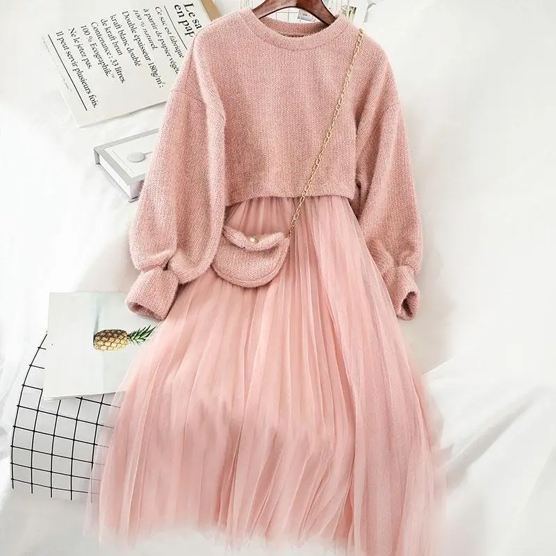 Sweet Two Pieces Suit Women Knitted Sweater Spring Winter O Neck Sweaters And Spaghetti Strap Dress Set Female Dress