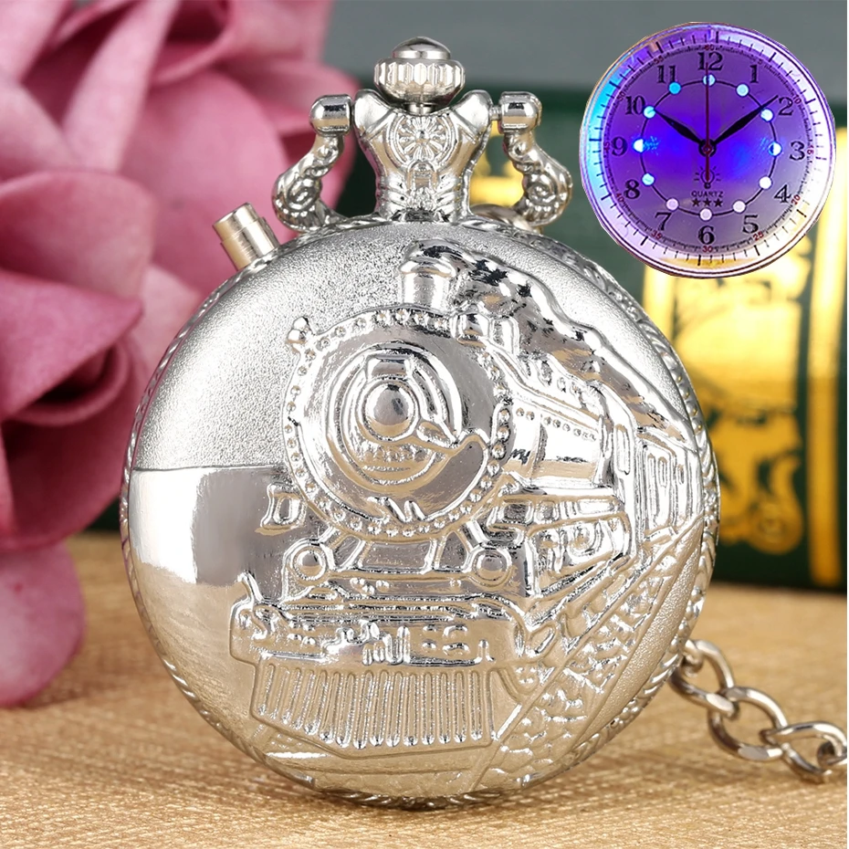 Srebrny świecące LED Dial Quartz Pocket Watch rzeźbione pociąg lokomotywa silnik Steampunk Motor rail Chain zegarki kieszonkowe Fob