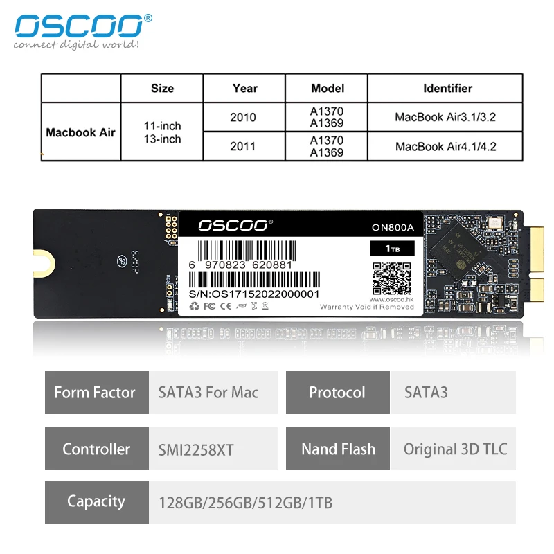 OSCOO-disco duro SSD para MacBook Air, 13 ", 3,2, 4,2, A1369, 11", 3,1, 4,1, A1370, año 2010, 2011, 128GB, 256GB, 512GB, 1TB