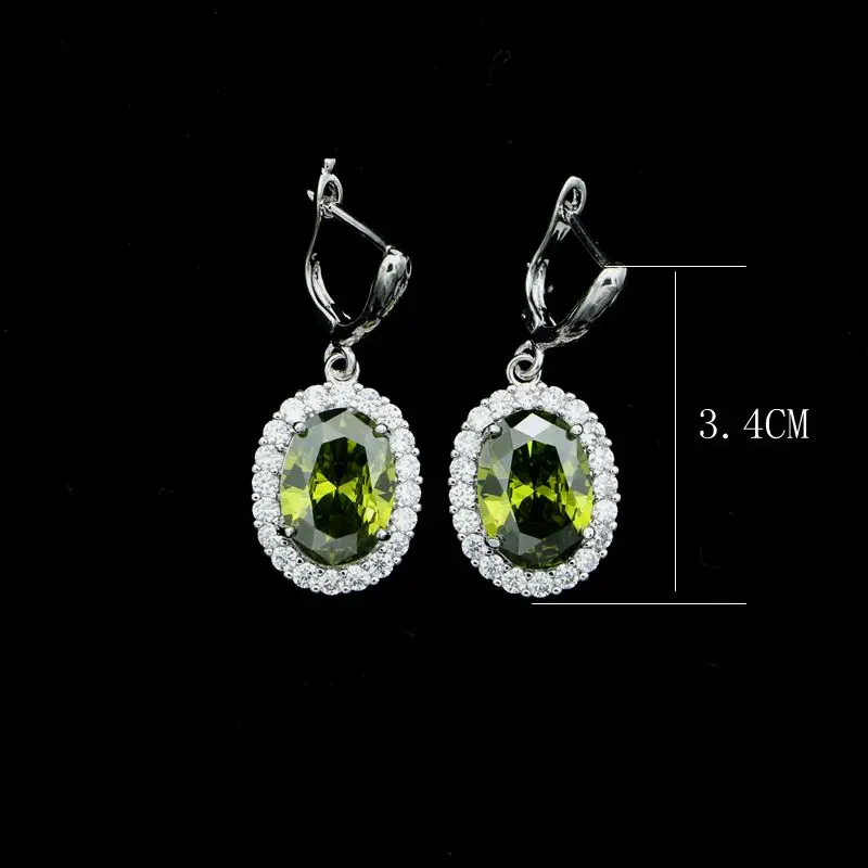 Fashion 925 Sterling Silver Earrings of Olive Green Stone and White Crystal for Bridal Decoration