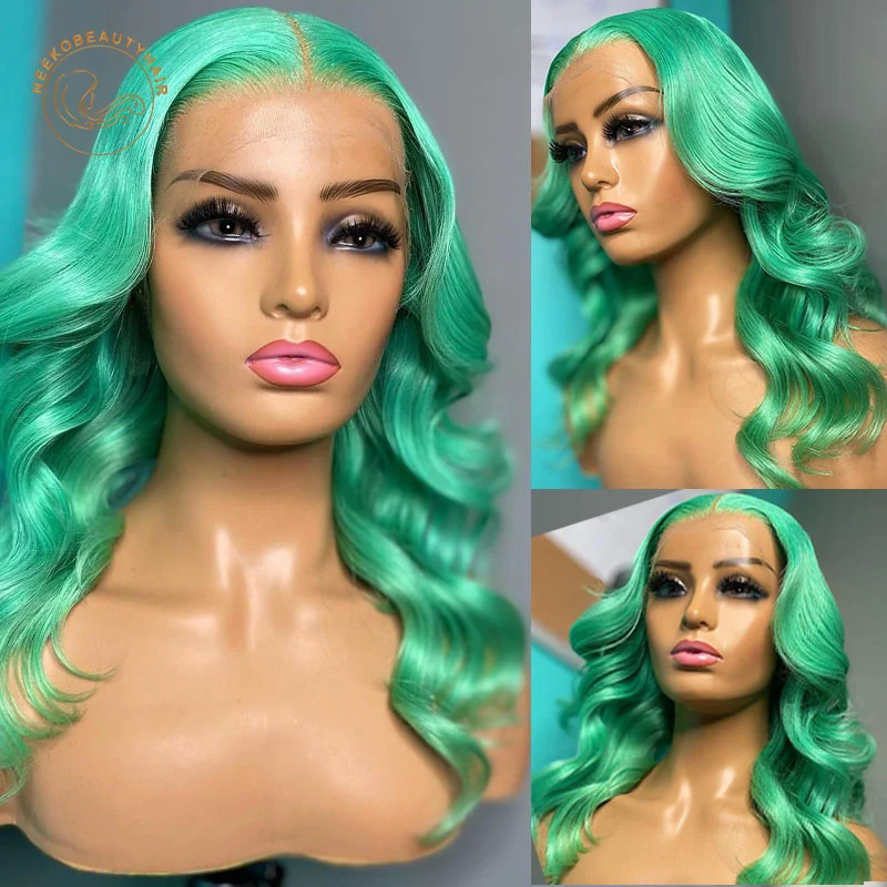 Mint Green Lace Frontal Wigs Lime Green Pink Brown Wavy 13X4 Lace Front Wig 180% Density Colored Human Hair Wigs Body Wave Hiar