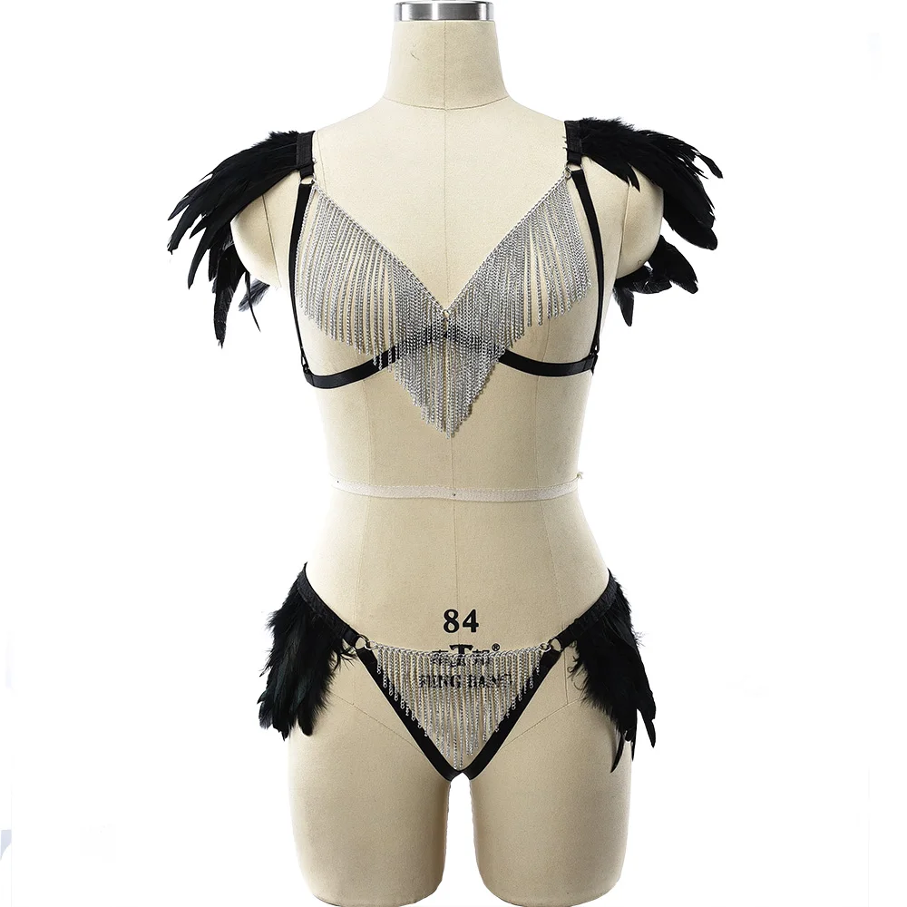 

JLX.HARNESS Feather Tassel Chain Sexy Lingerie Set Crop Top Cage Bra Pastel Goth Black Panties G-string Thongs Body Harness Cage