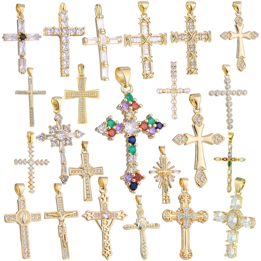 Juya Handmade 18K Real Gold Plated Cubic Zirconia Christian Cross Charms For Christmas Religious Rosary Pendant Jewerly Making