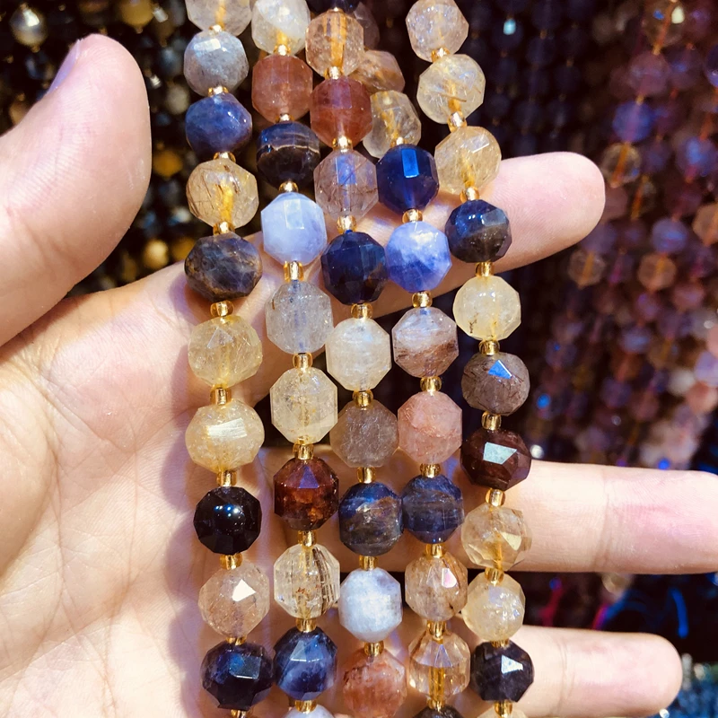 Wholesale Natural Mulit Rutilated Quartz Beads,Hand Cutting Bead10mm Faceted Gem Stone Loose Beads for jewelry,1string 15.5