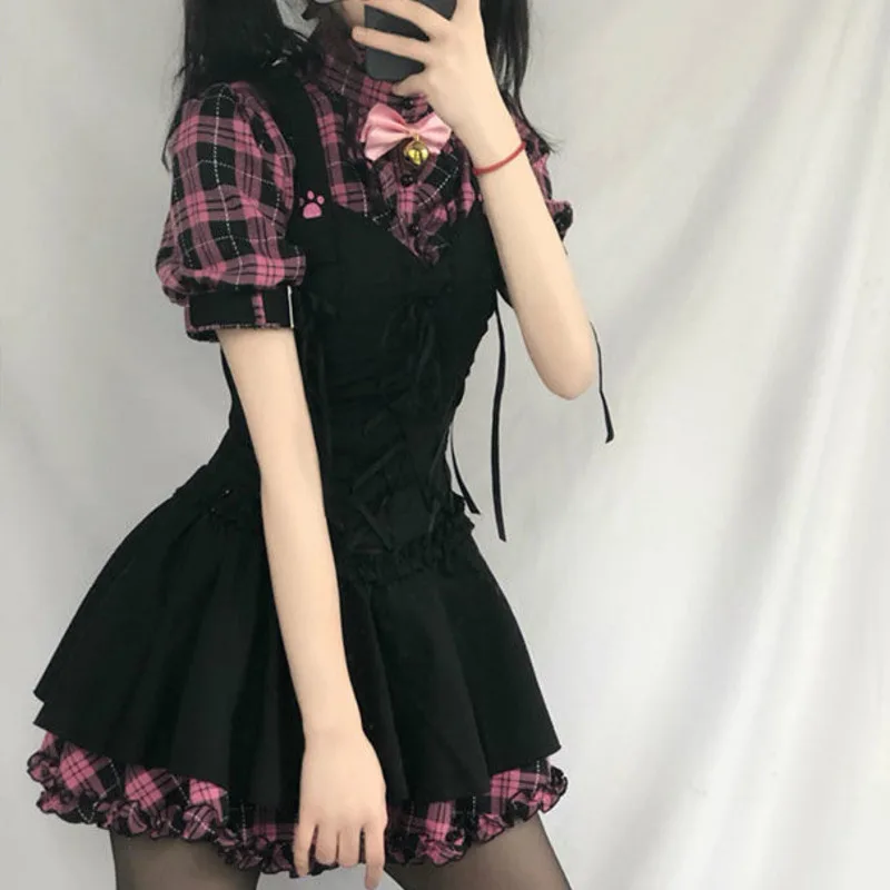 Summer Dresses for Women Plaid 2021 Kawaii Pink Clothes Short Sleeve Strap Midi Dress Lolita Harajuku Robe Y2K