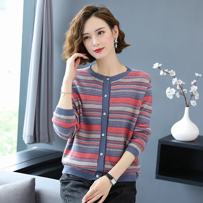 Women Stripes Cardigan 2020 Autumn Sweater Cardigan Elegant Female Patchwork Colors Knit Coat Buttons Knitwear Outwear