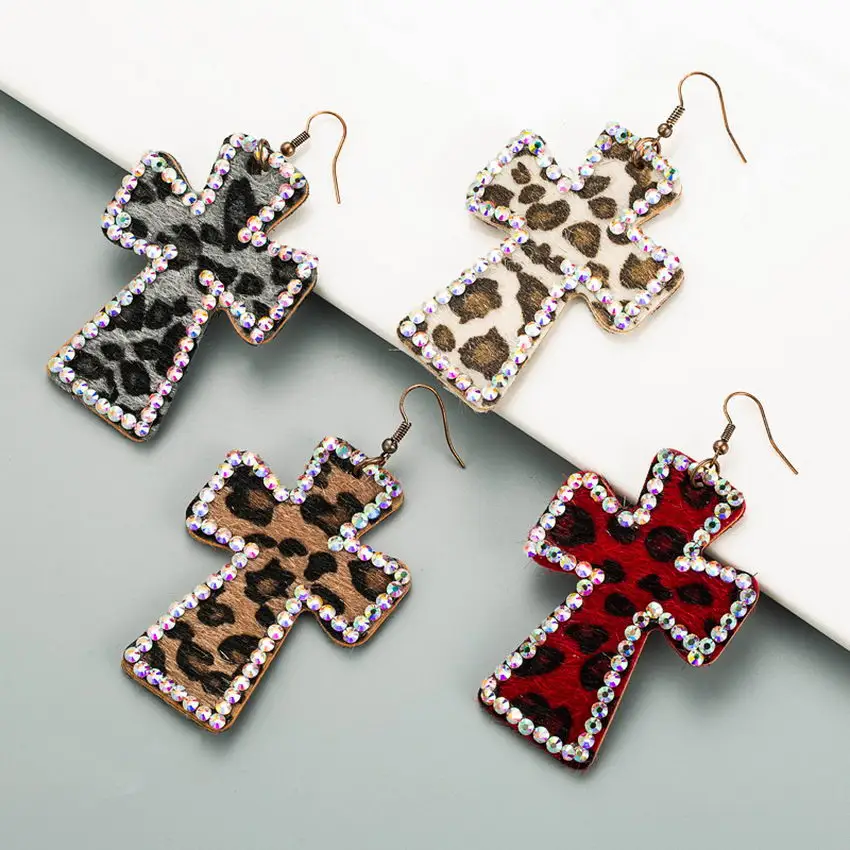 AB Crystal Accented Leather Leopard Jesus Cross Drop Earrings for Women Fashion Cheetah Print Vintage Jewelry