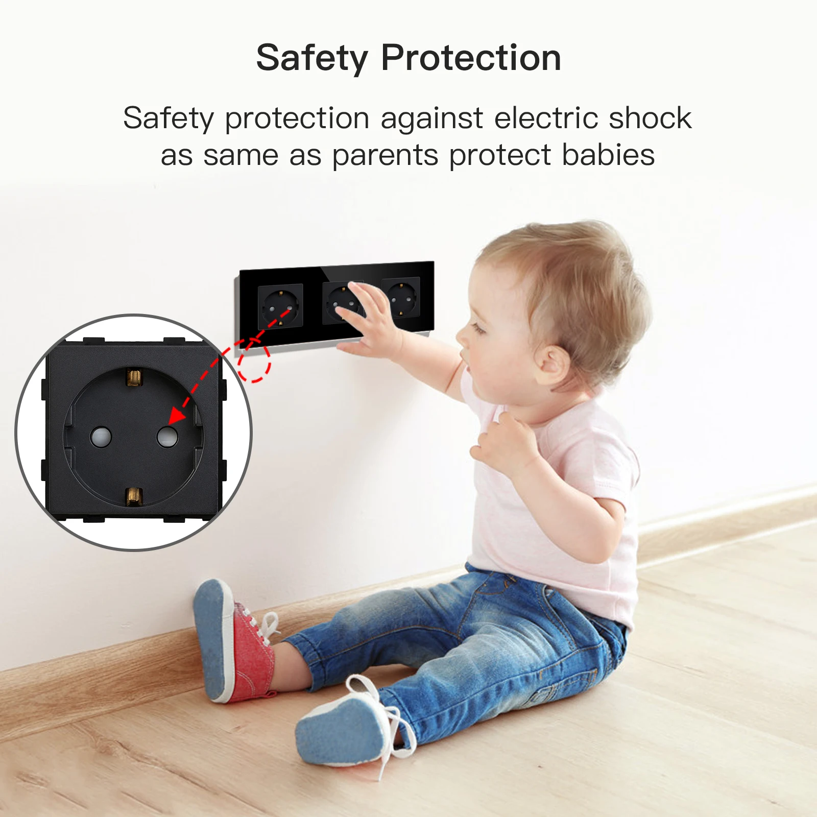 BSEED EU Standard Wall Sockets Single Powerful Outlets Black Double Frame Sockets Glass Panel Triple Sockets Kids Protection 16A