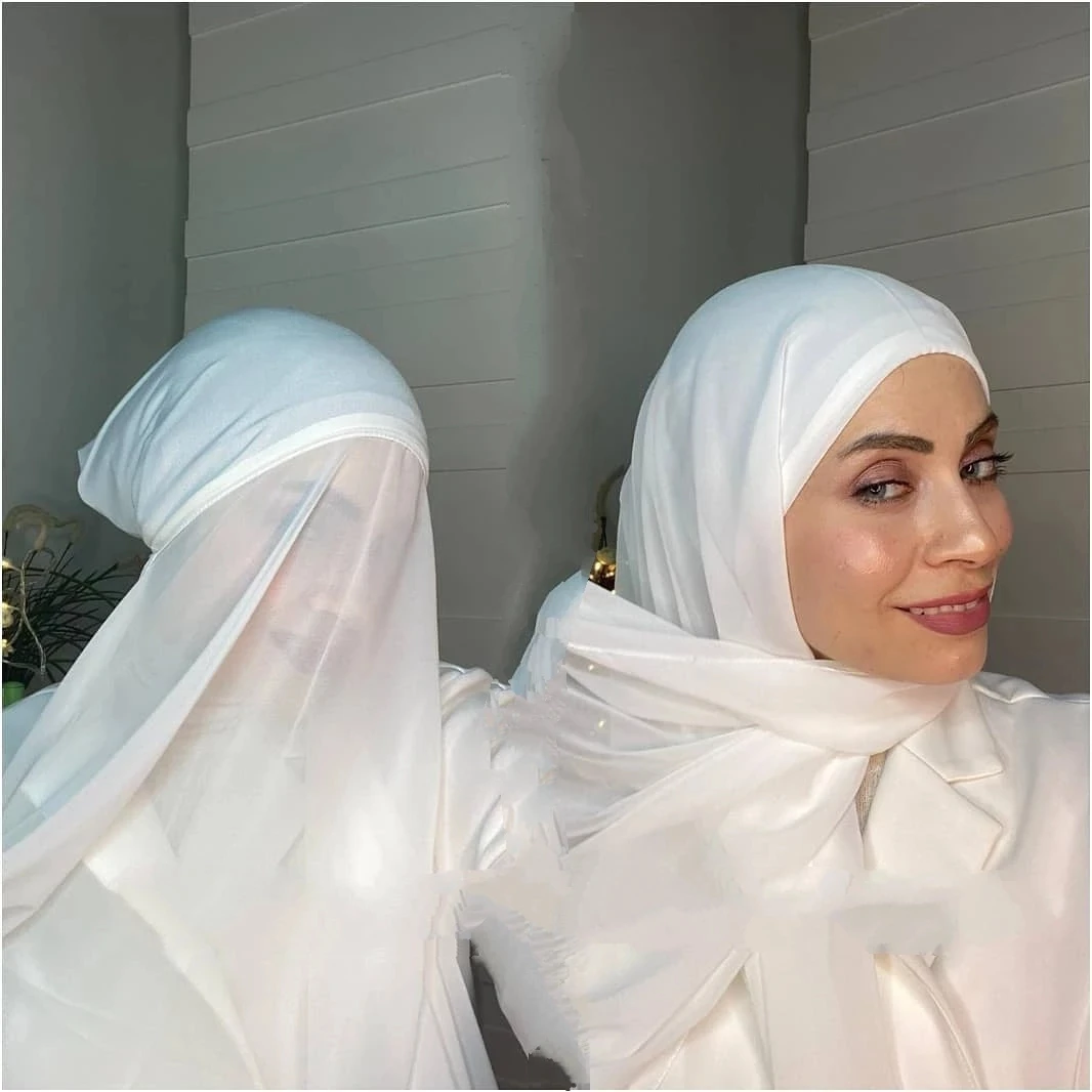 

2 in 1 Women Plain Chiffon Hijiab Scarf With Jersey Cap Bonnet Islam Muslim Shawl Inner Turban Headband Stretch Hijab Headwrap