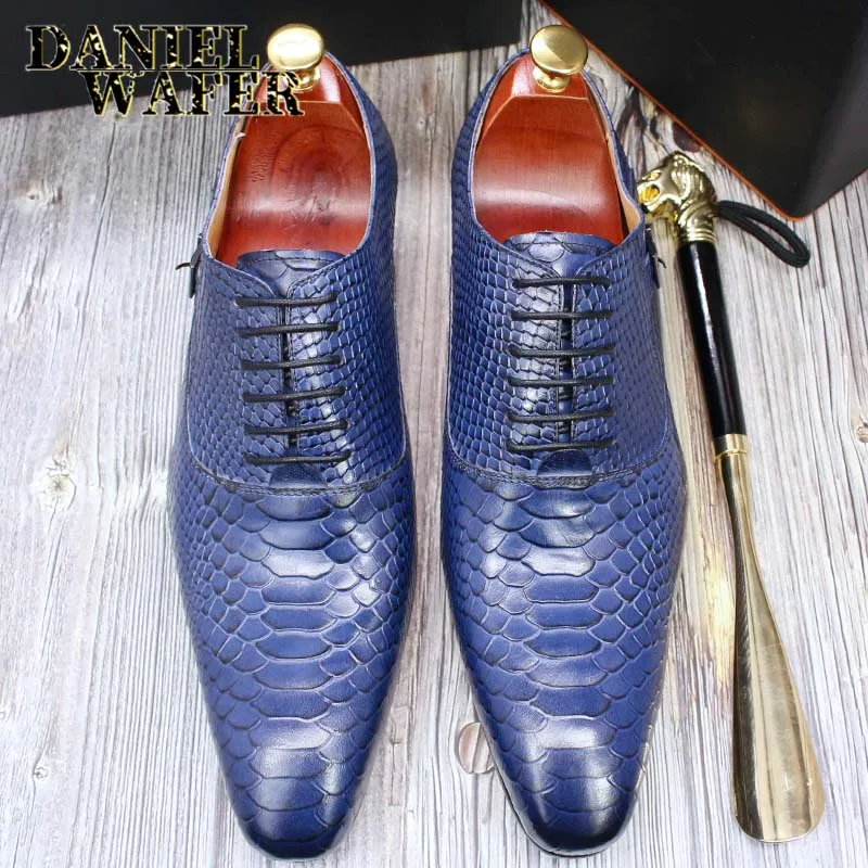 Modische Herren-Lederschuhe mit Schlangenhaut-Aufdruck, klassische Schnürung, Oxford, formell in Wein, Blau, Kaffee, Schwarz – spitze Zehenpartie – Detail 27