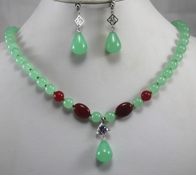 

2 styles! Wholesale 8mm light green/red jades wonderful necklace+ 2 stylesNatural Stone earring&pendant necklace jewelry set