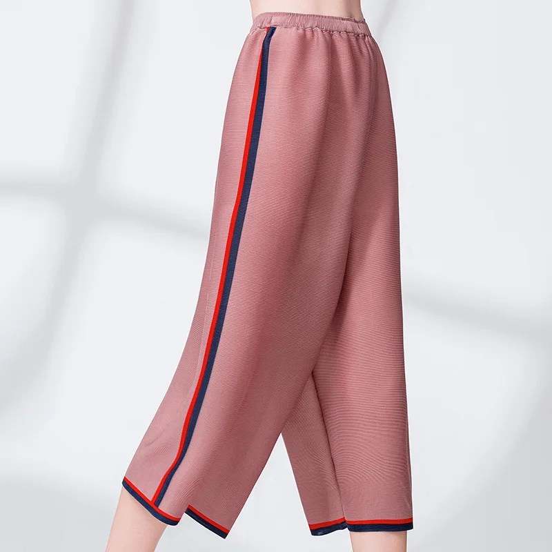 2021 autumn loose thin straight pants miyake pleated side contrast high-waisted wide-leg casual basic thin pants for woman