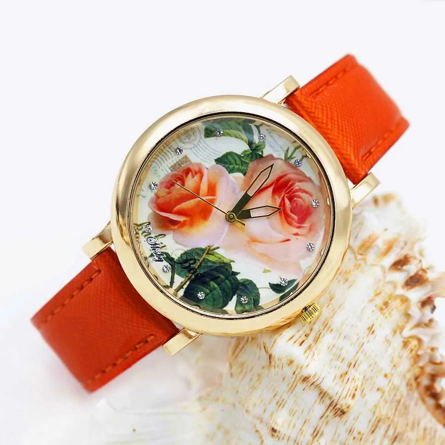 Shsby Bright Leather Strap Watches Rose Gold Women Dress Watch Girl Flower Casual Wristwatch Lady Rhinestone Quartz Watch 01