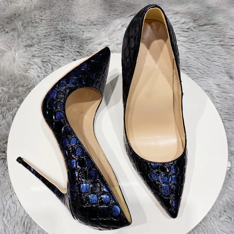 Tikicup Navy Blue Women Croc-Effect Embossed Patern Stiletto High Heels Sexy Ladies Pointed Toe Slip On Party Pumps Shoes