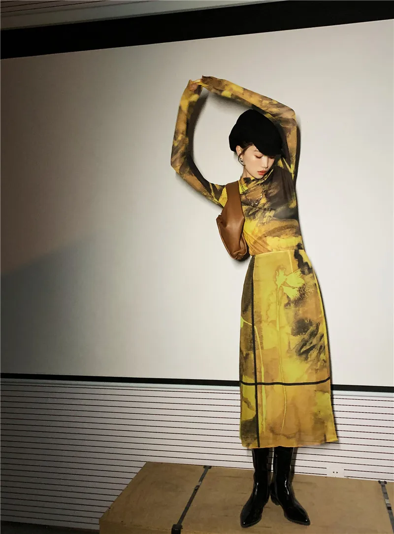 CHEERART Spring 2021 High Waist Yellow Skirt Women Floral Printed Bodycon A Line Long Midi Ladies Skirt Aesthetic Clothes