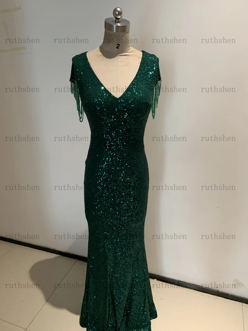 Sequined Maxi Dress Elegant V Neck Emerald Green Mermaid Formal Party Evening Dress With Beading