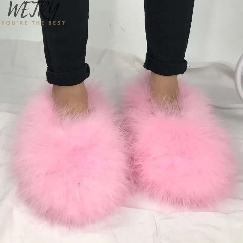 Fashion shoes Women Snow Boots Genuine Real hairy Ostrich Feather furry Fur fluffy ankle boots Ladies botas mujer