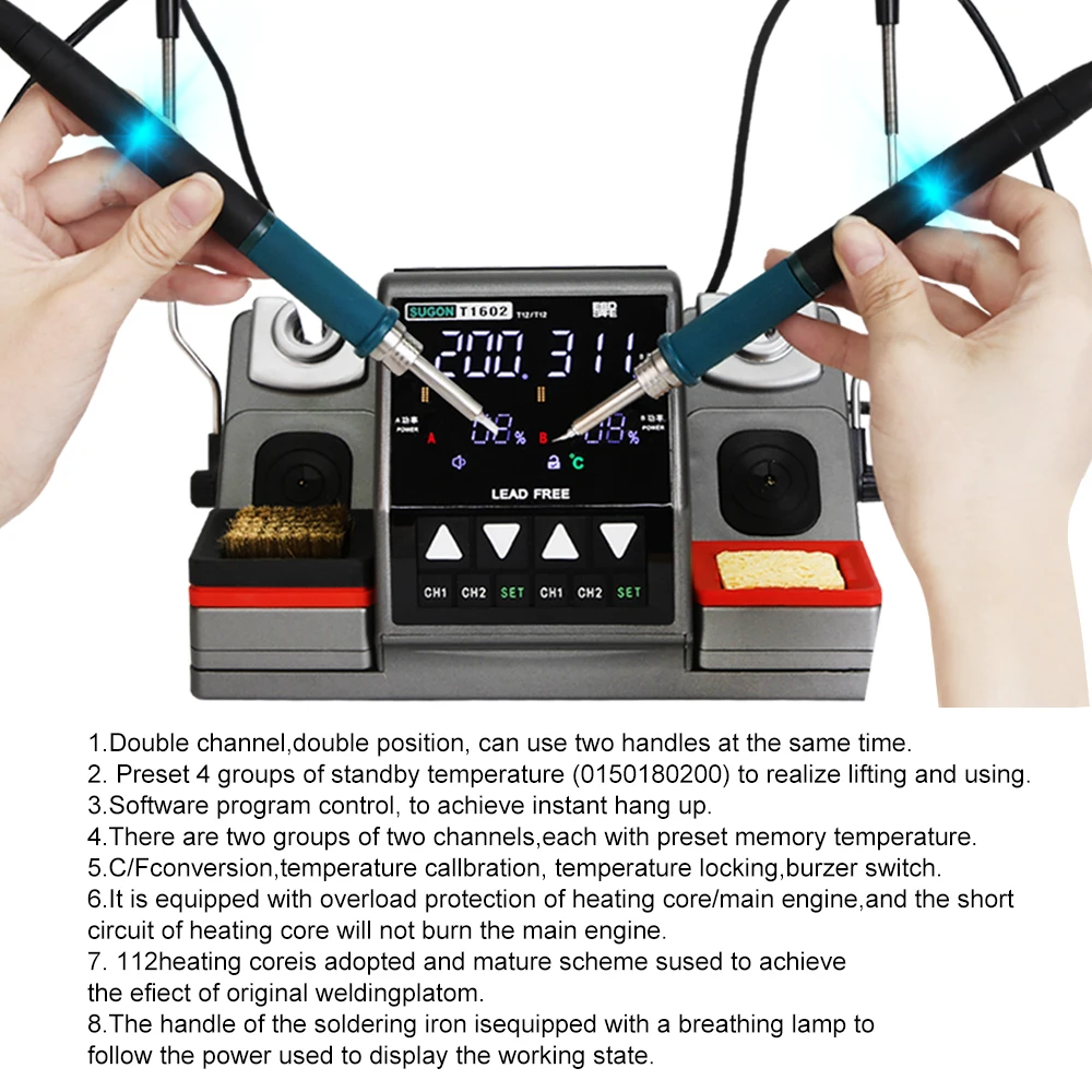 SUGON T1602 Soldering Station T12 Handle Double station Digital Rework Station Phone Repair BGA SMD Solder Tool Welding Station