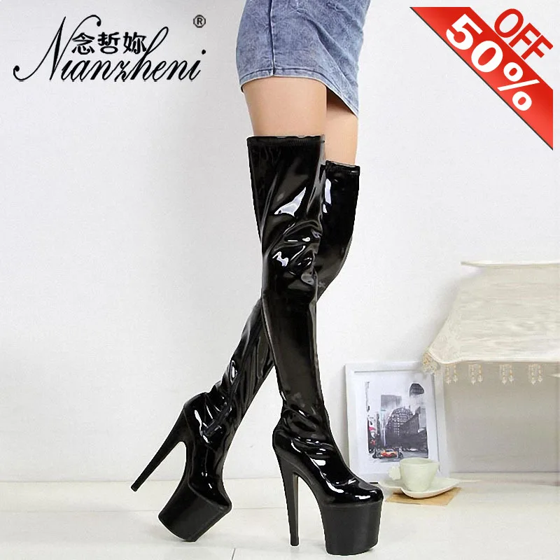 Sexy Nightclub Platform Pole Dance Shoes Show Over The Knee Women Boots 20CM High Stripper Heeled 8 Inches Fetish Models Gothic