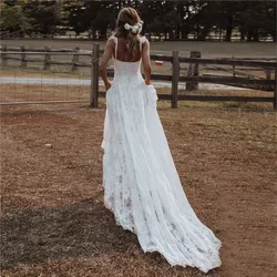 Spitze Brautkleider Boho 2025, Spaghettiträger, A-Linie, böhmische Brautkleider, einfaches Strand-Hochzeitskleid, Vestidos, individuell gestaltet